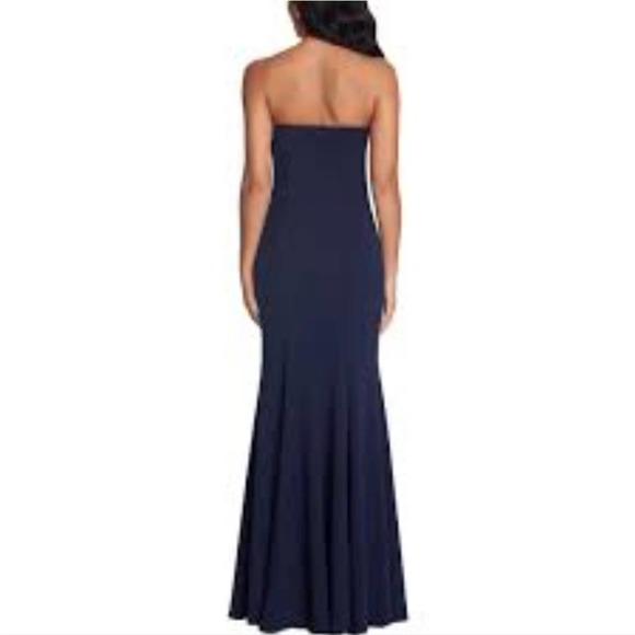 X by Xscape navy blue off shoulder maxi gathered A line formal dress gown sz 8 - Picture 3 of 14